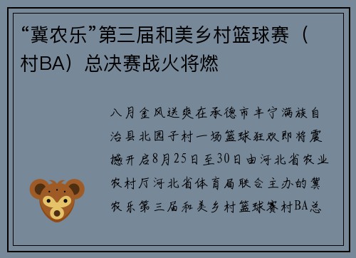 “冀农乐”第三届和美乡村篮球赛（村BA）总决赛战火将燃